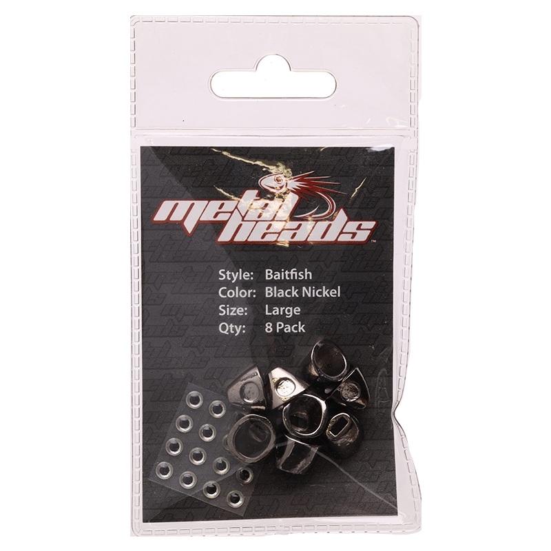 Baitfish Metal Heads|Medium – 10 Pack|Large – 8 Pack|Silver|Black/ Nickel