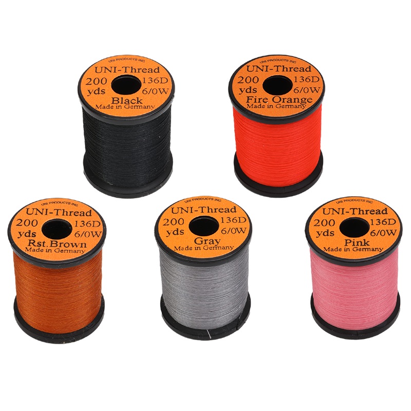 UNI Thread|Black|Chartreuse|Dark Brown|Fire Orange|Gray|Light Cahill|Olive Dun|Pink|Red|Rust Brown|Rusty Dun|Tan|White|Purple|6/0|8/0