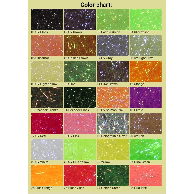 Siman Ice Dubbing 1gr|03 Caddis Green|04 Chartreuse|05 Cinnamon|07 UV Gray|08 UV Light Olive|09 UV Light Yellow|12 Orange|13 Peacock Bronze|15 UV Salmon Orange|16 UV Purple|17 UV Red|18 UV Pink|21 UV White|25 Dark Rusty|37 Peacock Green|40 Golden Olive