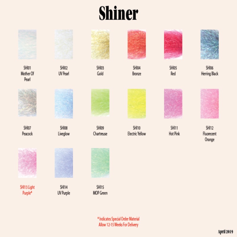 Shiner|Mother of Pearl|UV Pearl|Gold|Bronze|Red|Herring Back|Peacock|Chartreuse|Fluorescent Orange|Light Purple
