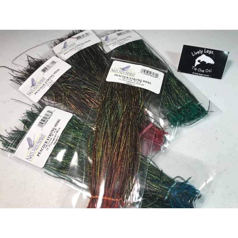 Strung Peacock Herl|Natural (Nature’s Spirit)|Natural (Hareline)|Dyed Red|Dyed Fl. Orange|Dyed Fl. Blue|Dyed Fl. Green
