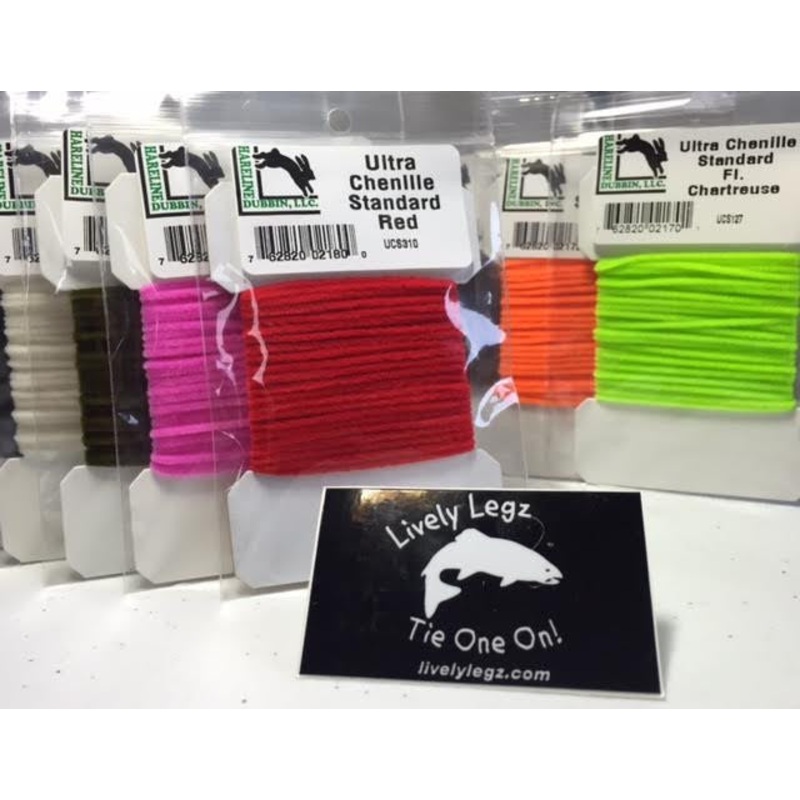 Ultra Chenille|Black|Brown|Dark Olive|Fl. Chartreuse|Fl. Orange|Fl. Pink|Fl. Red|Olive|Purple|Red|Tan|White|Worm Brown|Standard|Medium