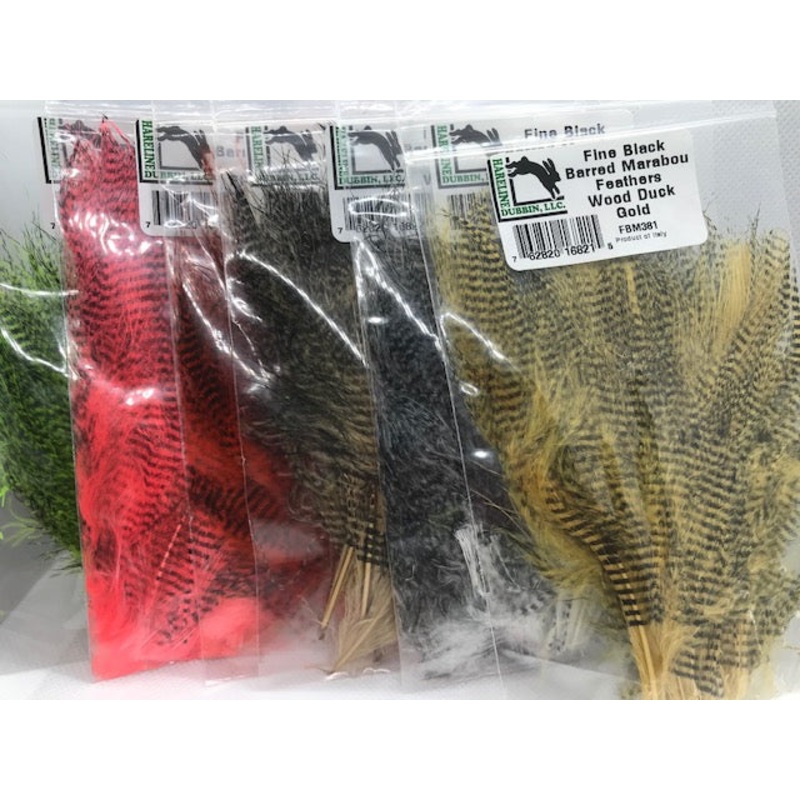 Fine Barred Marabou Feathers|Fl. Shell Pink|Fl. Chartreuse|Hot Orange|White|Wood Duck Gold|Wood Duck Tan