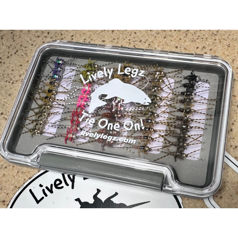 Lively Legz Barbless/ Tungsten Double Trouble Box (Small Slim Double Trouble Box Preloaded with 50 Flies)