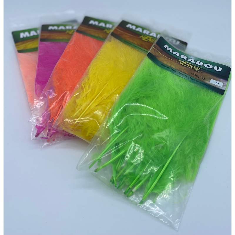 Hends Marabou|White – 01|Yellow – 03|Hot Fl Orange – 07|Chartreuse – 08|Hot Pink – 11|Salmon – 14|Red Orange – 15|Orange – 16|Red – 18|Brown Beige Lt – 19|Khaki Light – 24 (Golden Olive/Yellow)|Green Olive – 25|Olive Brown – 26 (Golden Olive/ Green)|Brown