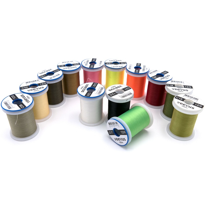 Veevus Thread 12/0|Black (C01)|Dark Olive (C11)|Dun (C09)|Fluorescent Green (C17)|Fluorescent Orange (C16)|Fluorescent Yellow Chartreuse (C15)|Lt Cahill (C04)|Light Olive (C19)|Olive (C18)|Pink (C14)|Red (C06)|Tan (C12)|White (C02)