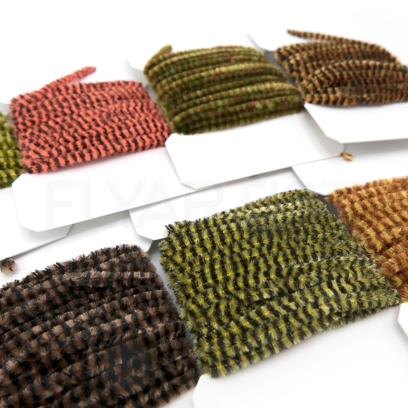 Hareline Variegated Chenille|Black / Brown|Black / Coffee|Black / Olive|Black / Yellow|Brown / Yellow|Chartreuse / Black|Dark Olive / Yellow|Fluorescent Orange / Black|Fuchsia / Black|Light Olive / Brown|Olive / Brown|Orange / Black