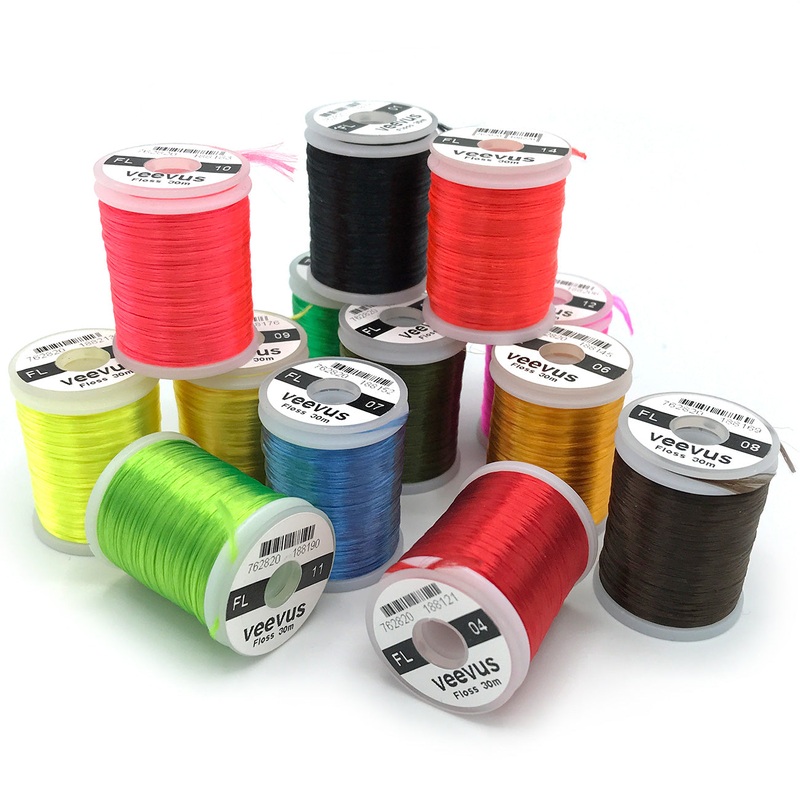 Veevus Floss|Black|Brown|Fluorescent Chartreuse|Fluorescent Fire Orange|Fluorescent Fire Red|Fluorescent Hot Pink|Fluorescent Yellow|Highlander Green|Kingfisher Blue|Olive|Orange|Red|White|Yellow