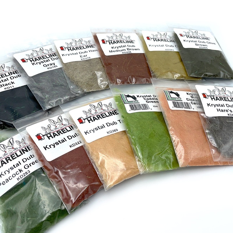 Hareline Krystal Dub|Black|Caddis Green|Cinnamon Caddis|Dark Hare’s Ear|Gray|Hare’s Ear|Medium Brown|Olive|Olive Brown|Peacock Green|Rust|Tan