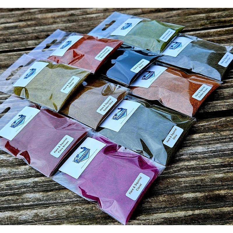 Dyed Hare & Squirrel Dubbing|Black|Claret|Olive Dun|Yellow|Golden Brown|Olive Chartreuse|Burnt Orange|Olive|Fiery Brown|Golden Olive|Cow Dung