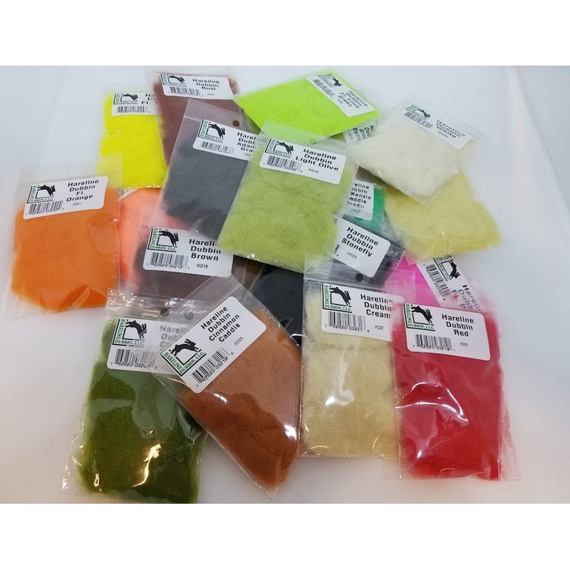 Hareline Rabbit Dubbin|Adams Gray|Antique Gold|Black|Brown|Caddis Green|Dark Dun|Hares Ear|Hendrickson Nymph|Hendrickson Pink|Light Cahill|Light Olive|March Brown|Mckenzie Caddis Green|Olive|Olive Tan|Peacock|Rusty Orange|Yellow