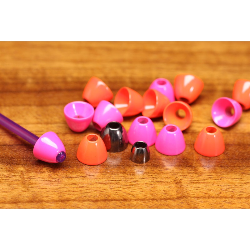Hareline Tube Cone Heads|Black Nickel|Copper|Fl. Orange|Fl. Pink|Gold|Fl. Pearl White|7/32 Medium|1/4 Large