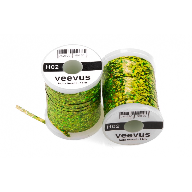 Veevus Holo Tinsel Threads|H01 Rainbow|H02 Chartreuse|H03 Red|H04 Silver|H05 Gold|H07 Purple|H14 Orange|Small|Medium