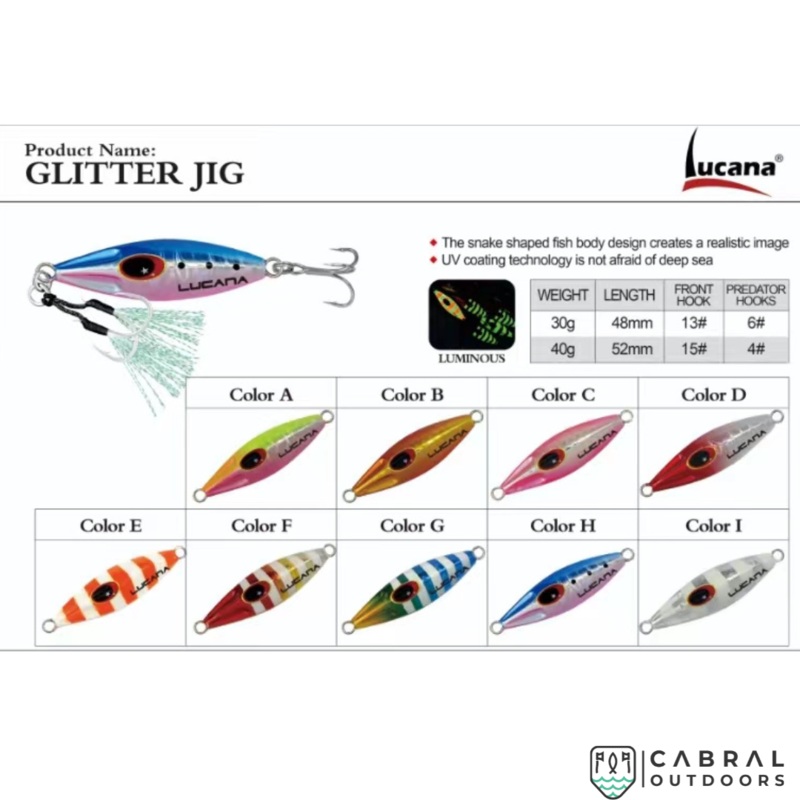 Lucana Glitter Jig | 30g-40g|30g|40g|Green Pink(A)|Gold Red(B)|Pink(C)|Red Head(D)|Zebra Orange(E)|Zebra Red(F)|Zebra Blue(G)|Blue Pink(H)|Zebra Silver(I)