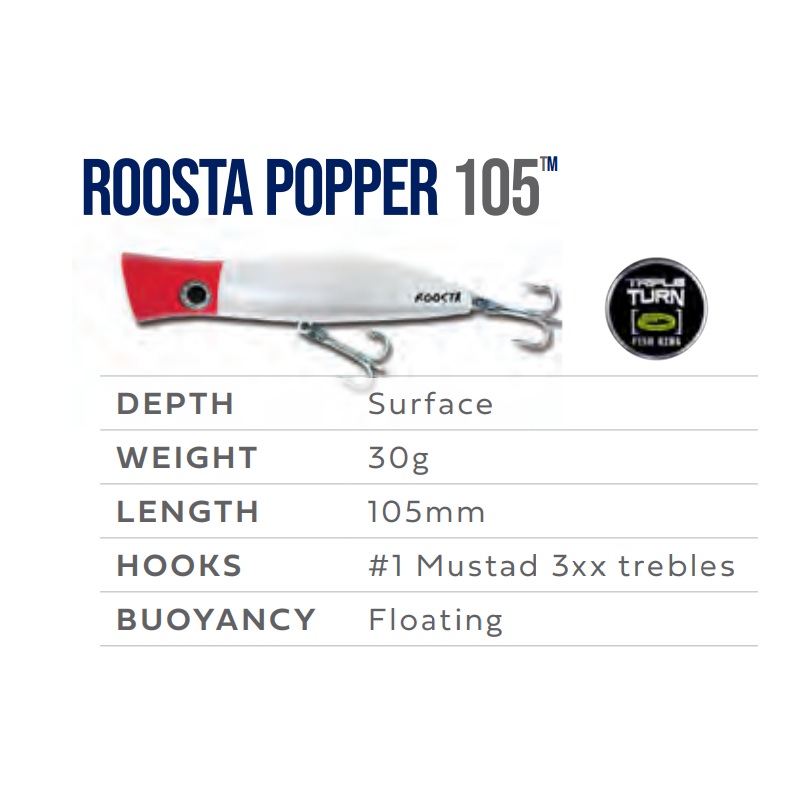 HALCO ROOSTA POPPER 105|H50 Pilchard|H53 White Redhead|H70 King Brown|H69 Bonito