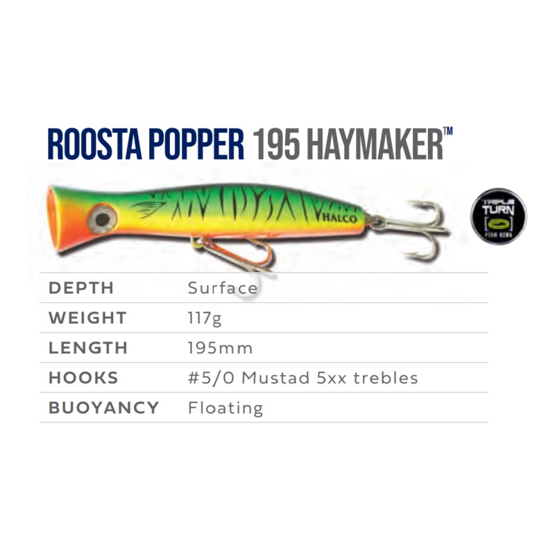 HALCO ROOSTA POPPER 195|H50 Pilchard|H53 White Redhead|H69 Bonito|H70 King Brown